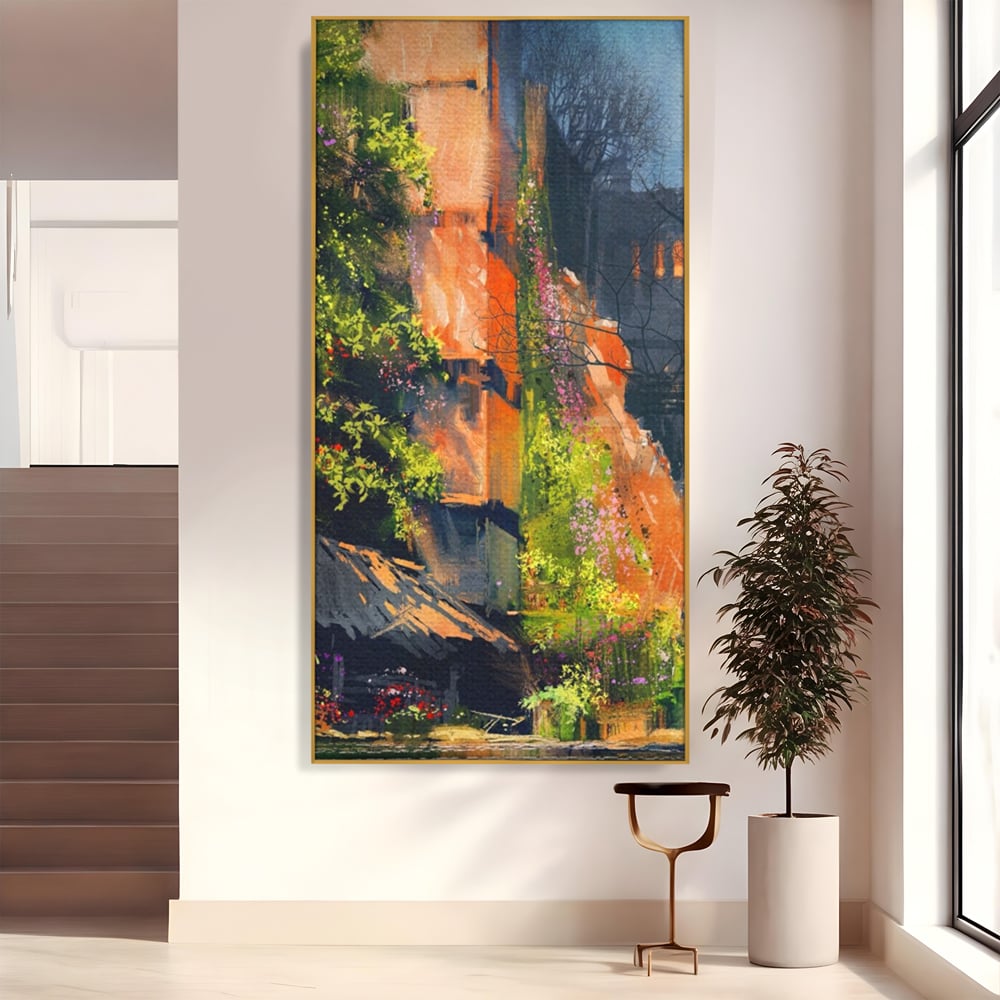 Tablou canvas cu pictura verticala cu ziduri vechi si flori, in rama de aluminiu auriu
